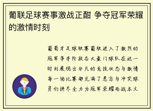 葡联足球赛事激战正酣 争夺冠军荣耀的激情时刻