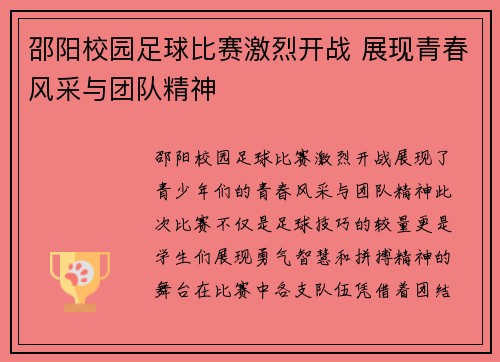 邵阳校园足球比赛激烈开战 展现青春风采与团队精神