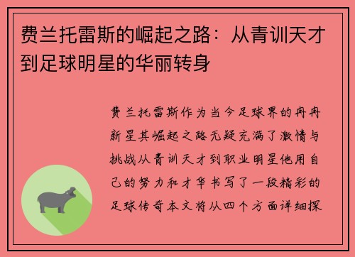 费兰托雷斯的崛起之路：从青训天才到足球明星的华丽转身