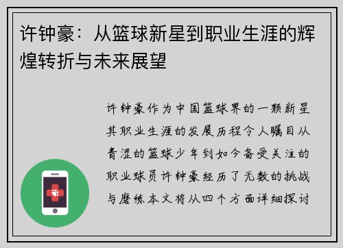 许钟豪：从篮球新星到职业生涯的辉煌转折与未来展望