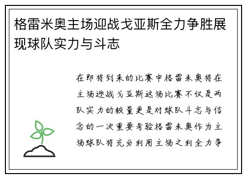 格雷米奥主场迎战戈亚斯全力争胜展现球队实力与斗志