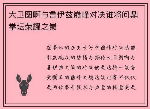 大卫图啊与鲁伊兹巅峰对决谁将问鼎拳坛荣耀之巅