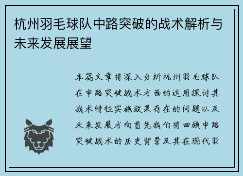 杭州羽毛球队中路突破的战术解析与未来发展展望