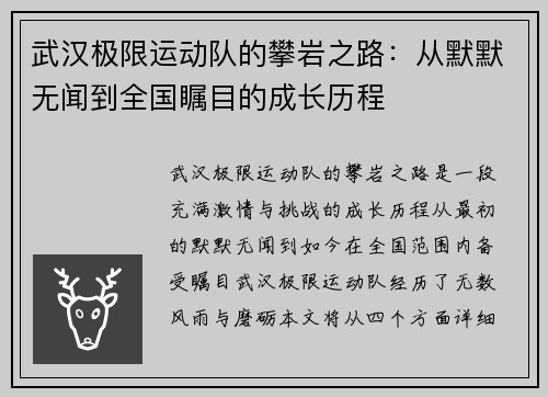 武汉极限运动队的攀岩之路：从默默无闻到全国瞩目的成长历程