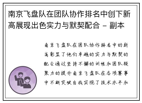 南京飞盘队在团队协作排名中创下新高展现出色实力与默契配合 - 副本