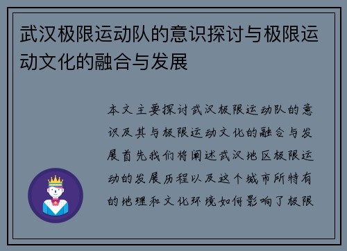 武汉极限运动队的意识探讨与极限运动文化的融合与发展